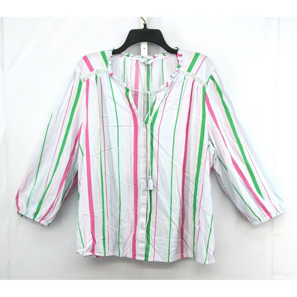 Crown & Ivy Shirt Women Size 2XL White Striped Tie V Neck 3/4 Balloon Sleeve Top